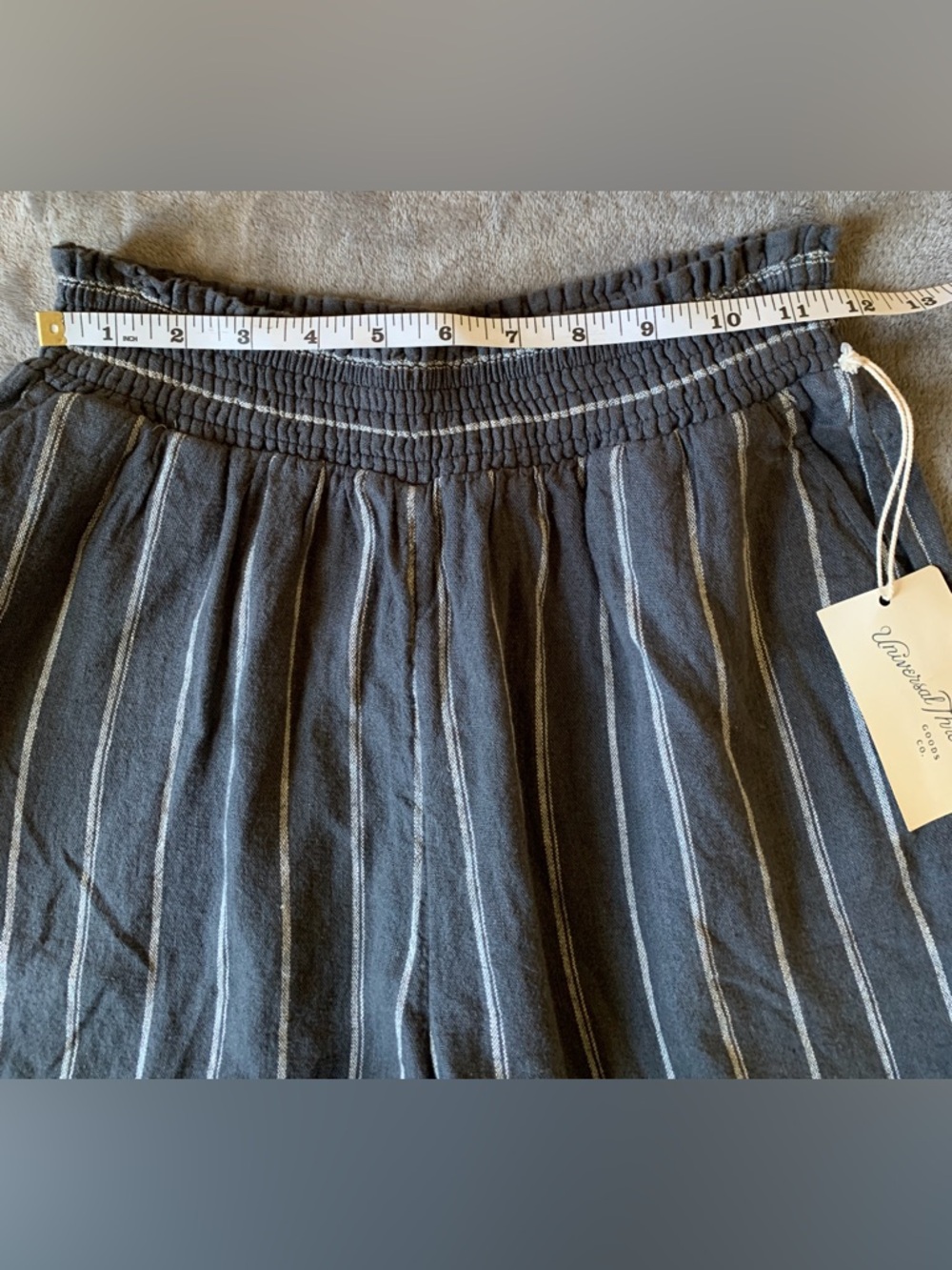 Women’s Linen Blend Dark Grey Striped Elastic Waist Shorts - Picture 3 of 7
